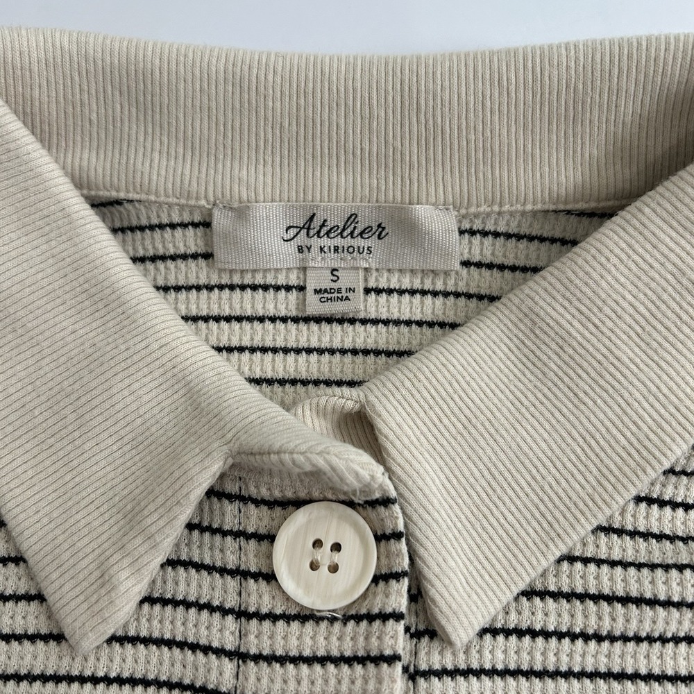 Atelier By Kirious Small Woman Boxy Cropped Short Sleeve Polo Beige Black Stripe - Picture 6 of 8